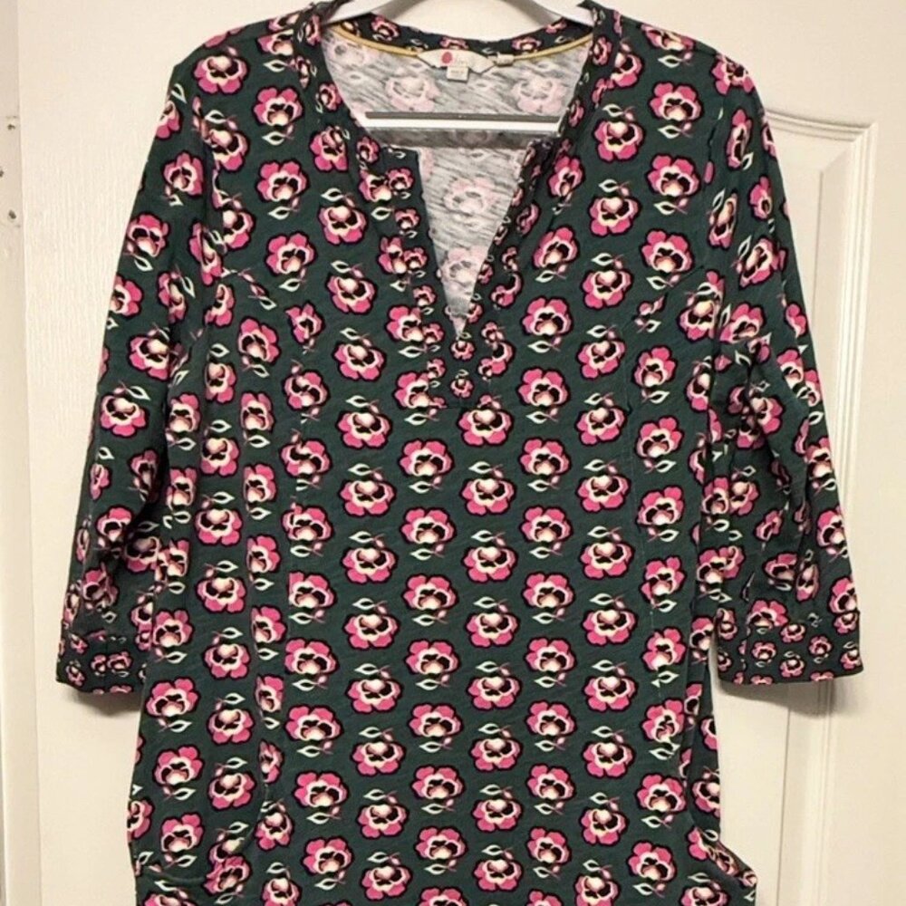 Boden Floral Midi Dress Green Pink Cotton Knit Long Sleeve 18L Pockets